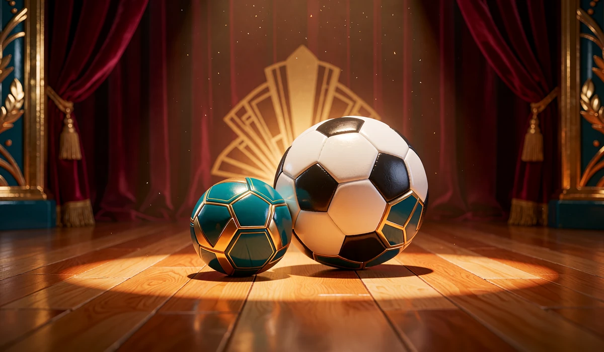 Fodbold og h&aring;ndbold i teal og guld i et spotlys p&aring; en tr&aelig;scene foran r&oslash;de fl&oslash;jlsgardiner - sportsbook hos Goldbet