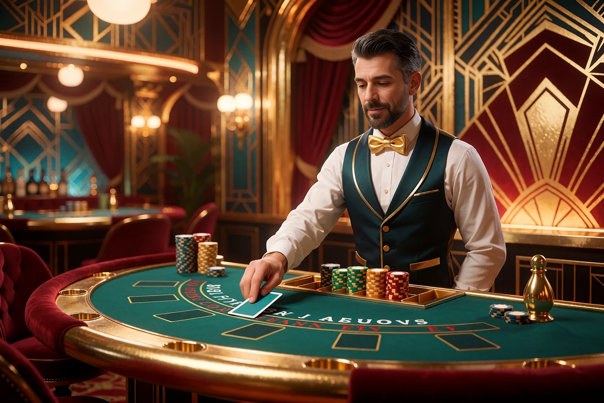 Live blackjack-dealer i hvid skjorte og teal vest deler et kort p&aring; et gr&oslash;nt bord i Goldbets live casino