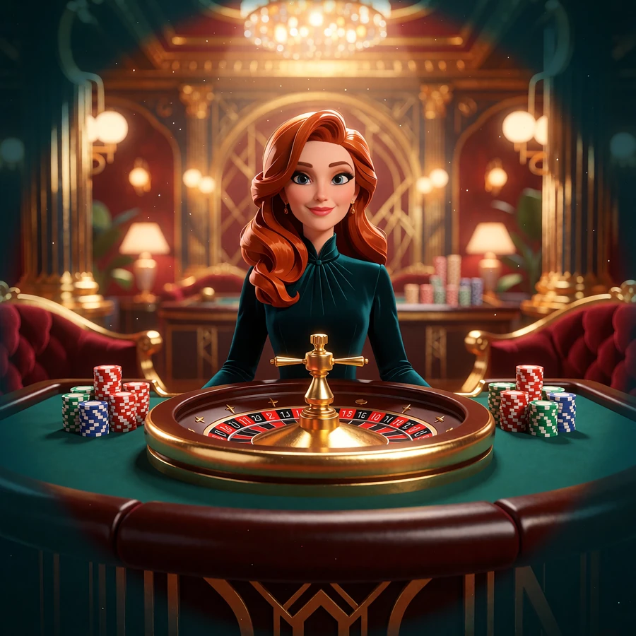 Smilende live casino-dealer bag et guldkantet roulettehjul med jetonstakke i Goldbets live casino-lounge