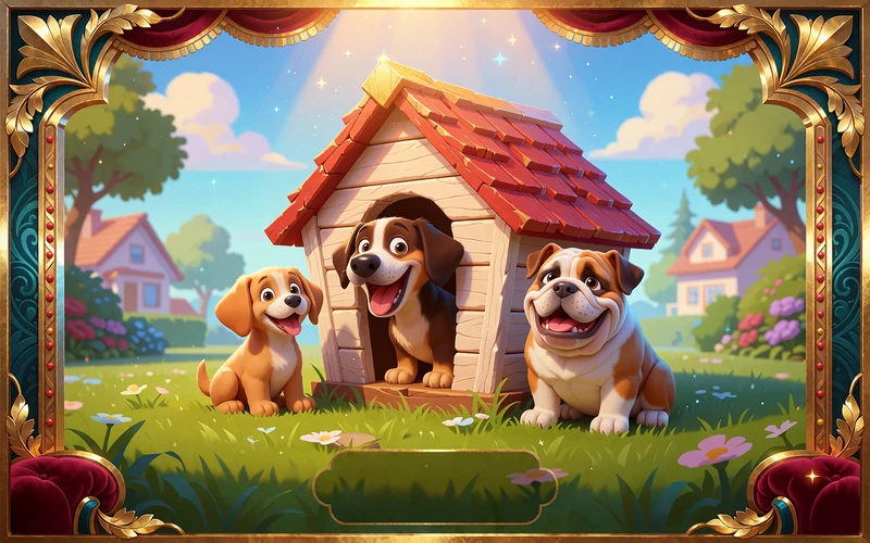 The Dog House-slot fra Pragmatic Play med tre tegnede hunde foran et hundehus p&aring; en solrig gr&aelig;spl&aelig;ne